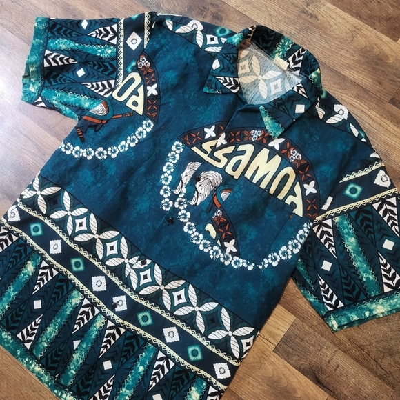 Vintage Mens Samoa Hawaiian Blue and Black Surfer Shirt Size XL - Picture 2 of 7